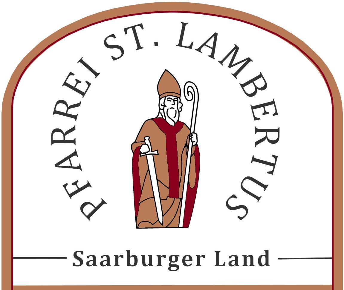 Man sieht eine Zeichnung des heiligen Lambertus mit Bischofstab und Schwert. Darum der Text 'Pfarrei St. Lambertus. Saarburger Land'